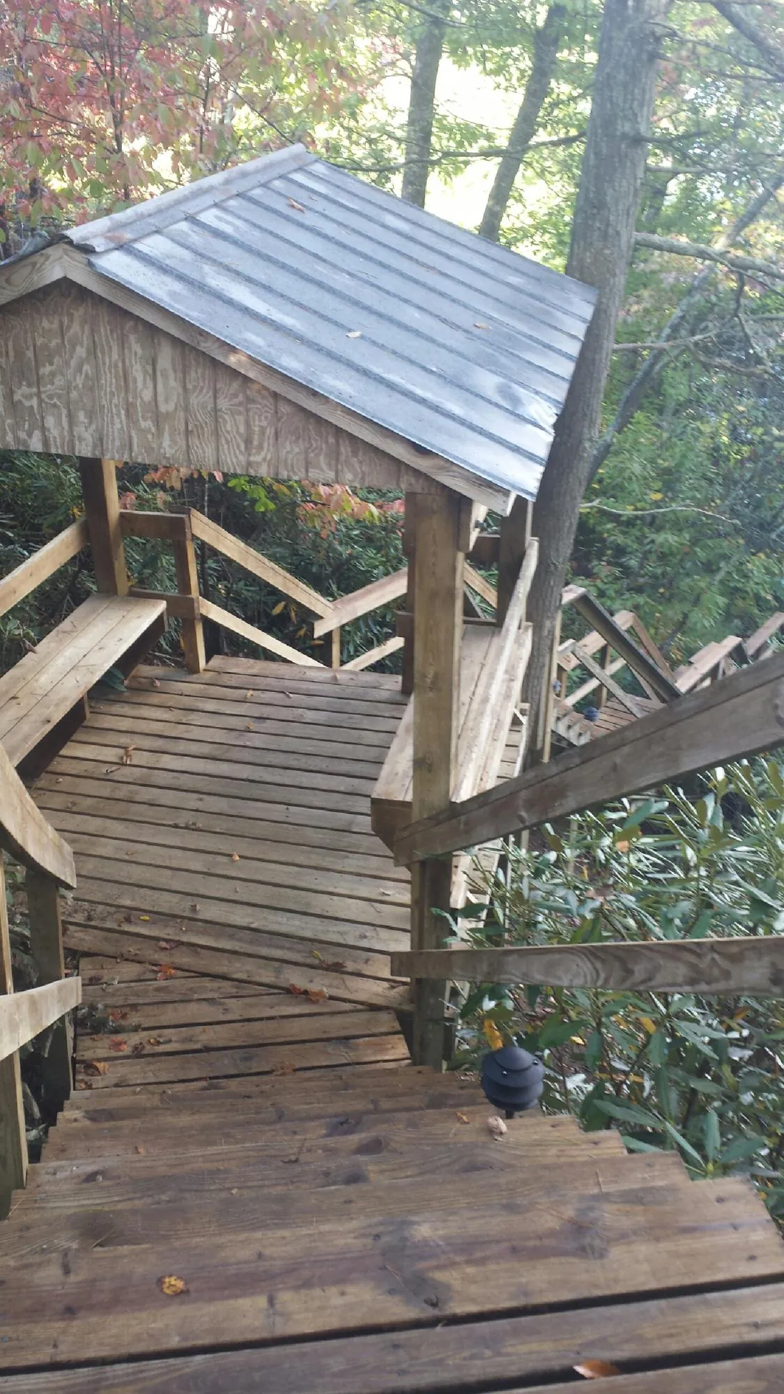 Metal roofed shelter over wooden steps on a wooded walkway — Skylight Repair & Installation work by our crew in Dayville